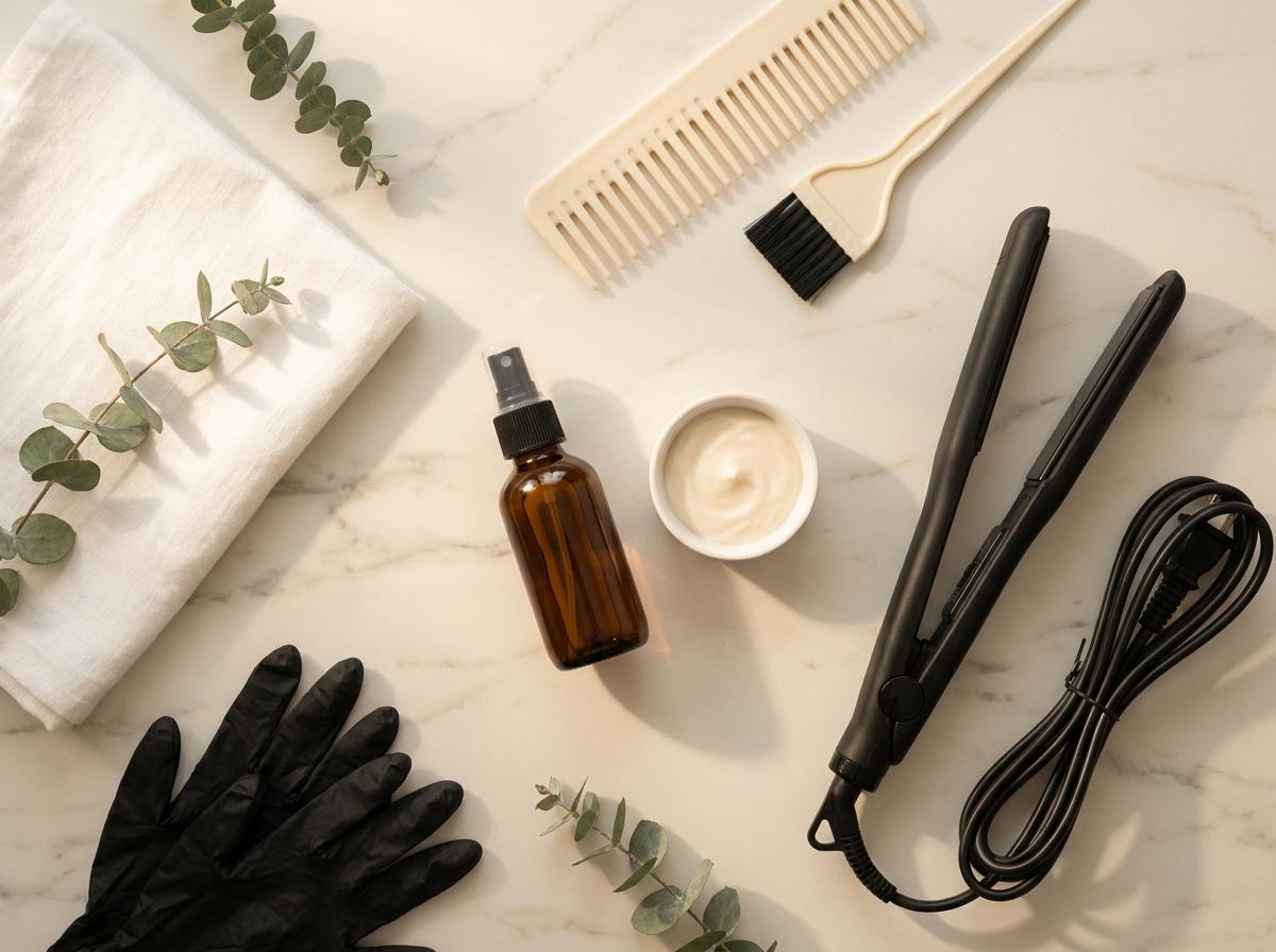Anwendungs-Flatlay einer Keratin-Heimbehandlung auf Marmor – Glättungs-Set, Glätteisen, Schutzhandschuhe und Pinsel im warmen Morgenlicht