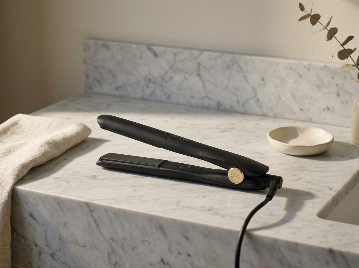 ghd Gold Styler Glätteisen liegt flach auf einem hellen Marmor-Waschtisch mit gefaltetem cremefarbenem Leinen-Handtuch und einer matten Keramikschale