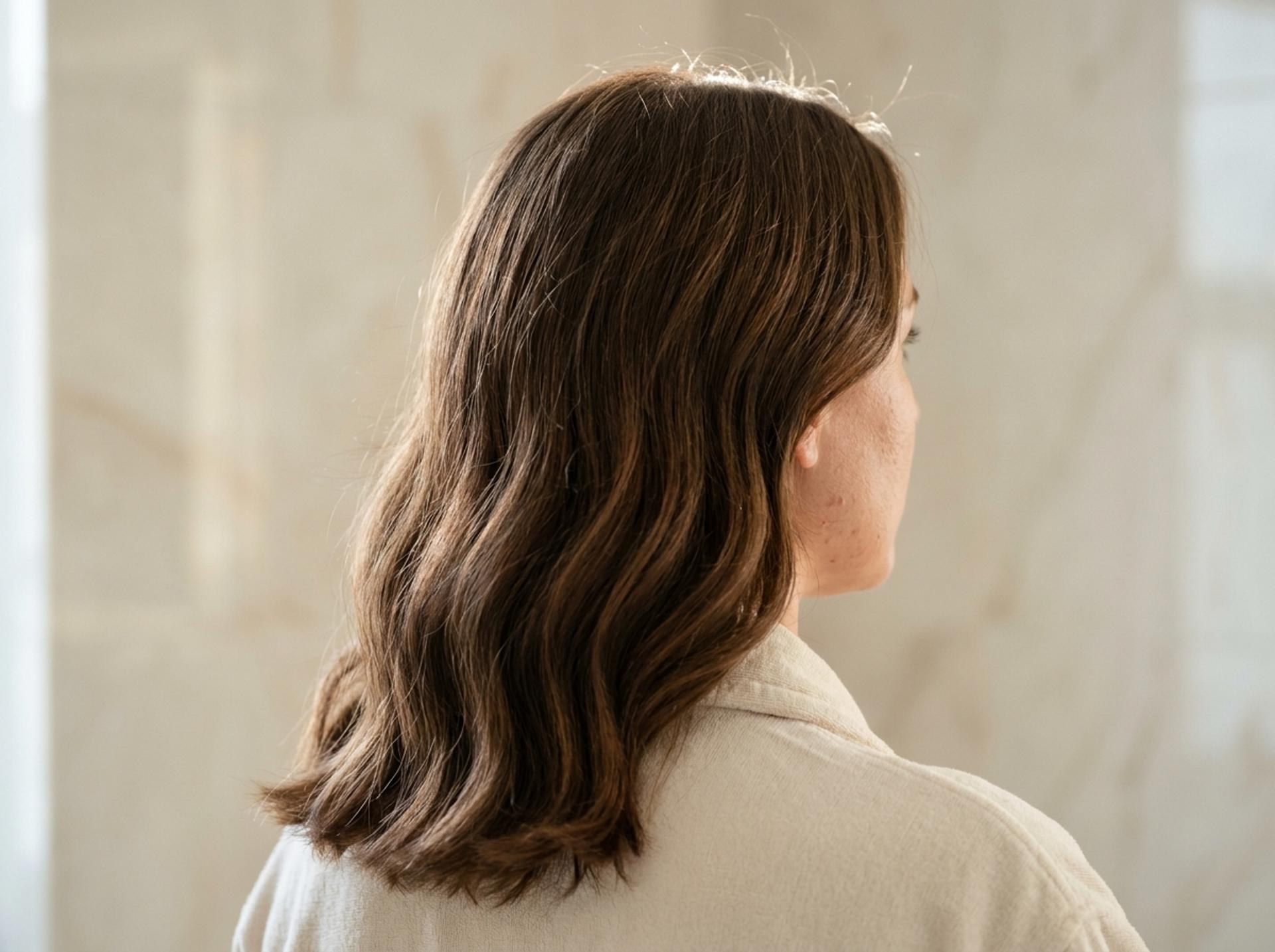 Success-State nach korrekter monatlicher Clarifying-Routine mit Conditioner-Follow-up: glaenzendes hydratisiertes mittelbraunes Haar