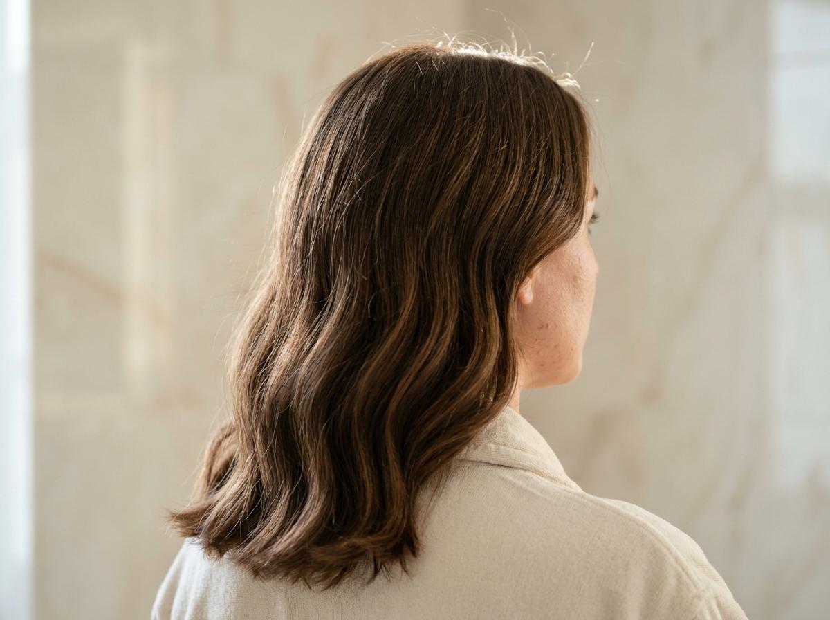 Success-State nach korrekter monatlicher Clarifying-Routine mit Conditioner-Follow-up: glaenzendes hydratisiertes mittelbraunes Haar