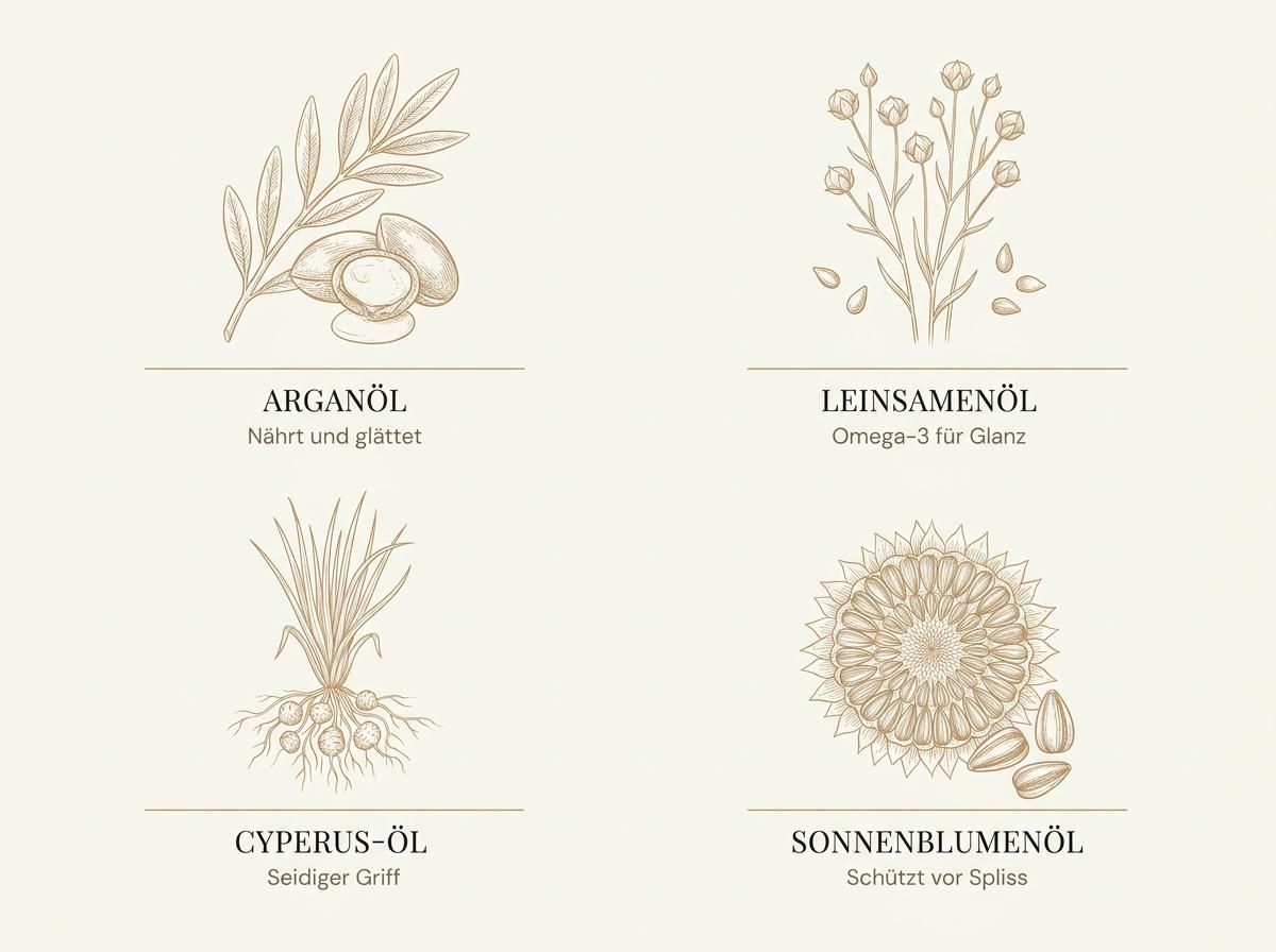 Infografik zu den Wirkstoffen im Orofluido Elixir: Arganöl, Leinsamenöl, Cyperus-Öl und Sonnenblumenöl