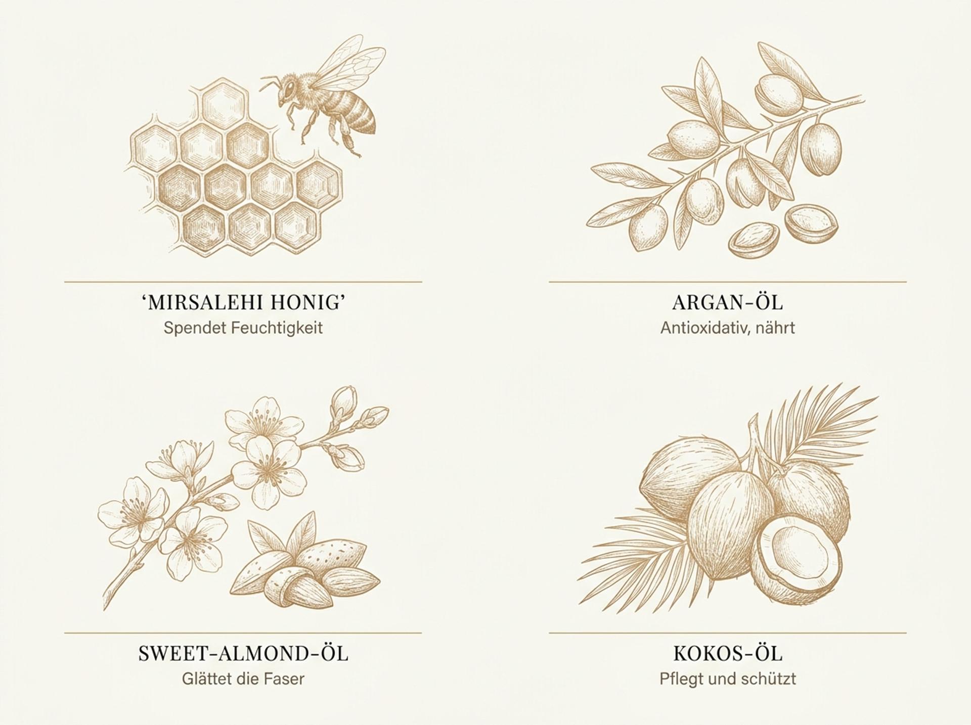 Infografik zu den vier Leit-Wirkstoffen im Gisou Honey Infused Hair Oil: Mirsalehi Honig, Argan-Öl, Sweet-Almond-Öl und Kokos-Öl