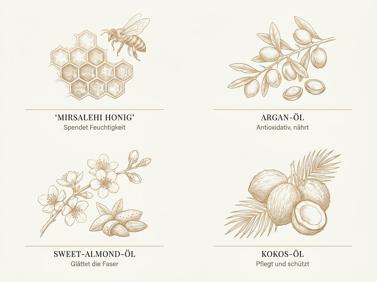 Infografik zu den vier Leit-Wirkstoffen im Gisou Honey Infused Hair Oil: Mirsalehi Honig, Argan-Öl, Sweet-Almond-Öl und Kokos-Öl