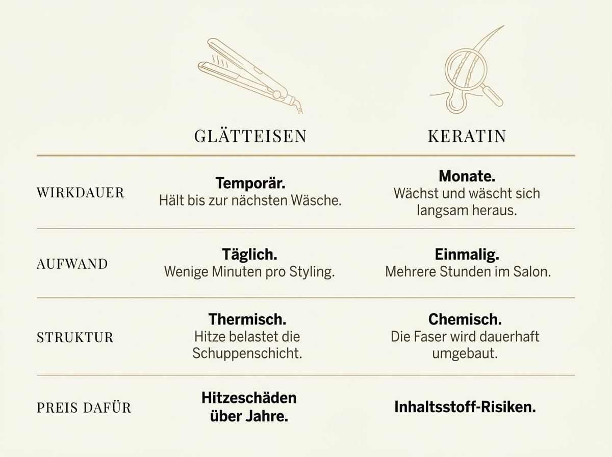 Vergleichs-Infografik in HaarLuxus-Palette: Glätteisen und Keratin-Glättung neutral gegenübergestellt in vier Zeilen – Wirkdauer, Aufwand, Struktur und der jeweilige Preis dafür