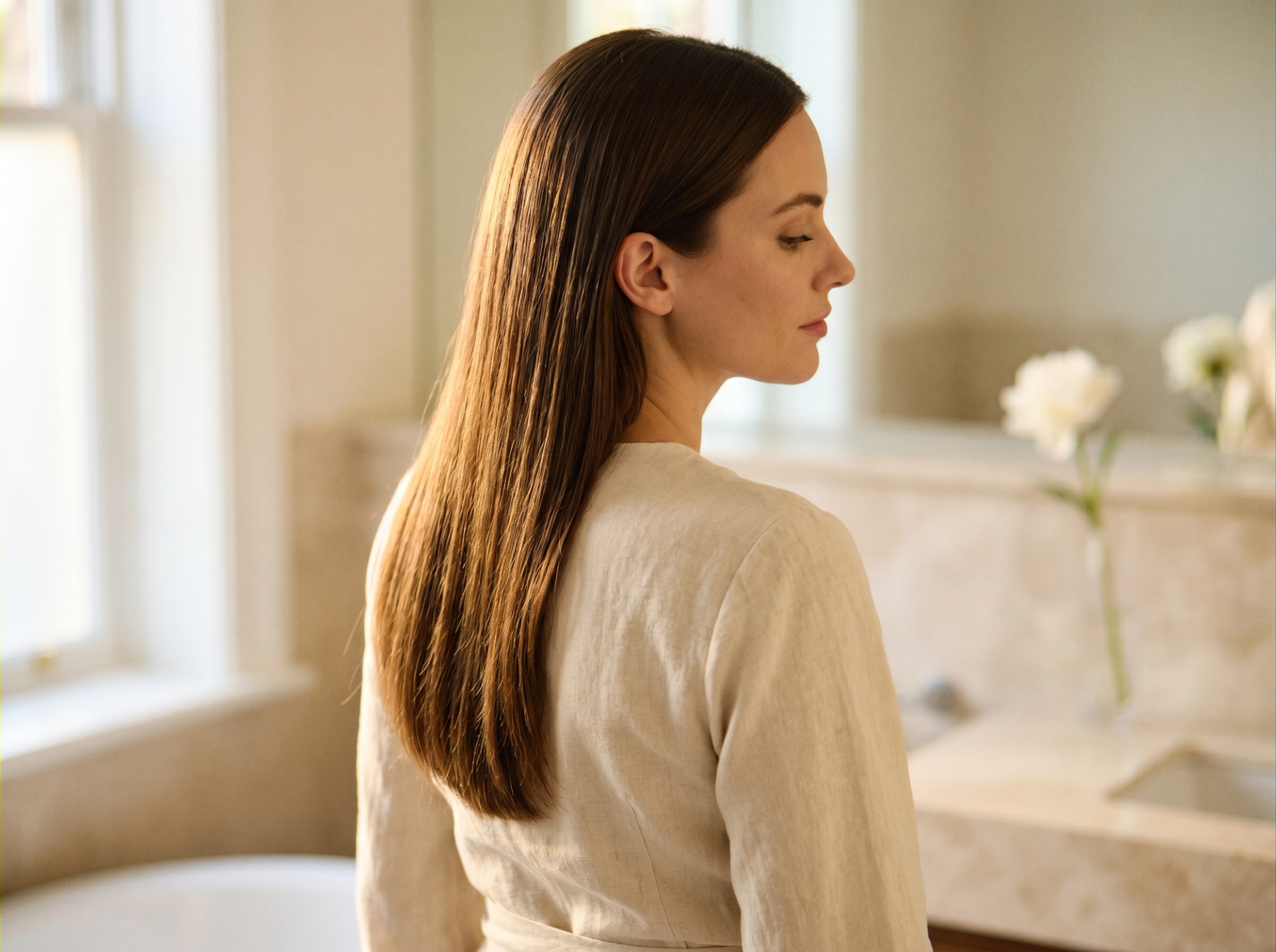 Result-Shot nach ghd Platinum+ Anwendung: junge Frau im 3/4-Profil mit glasglatter hell-brunette Mähne, sichtbarer Mid-Shaft-Glanz im warmen Salon-Tageslicht – Marmor-Vanity im weichen Bokeh