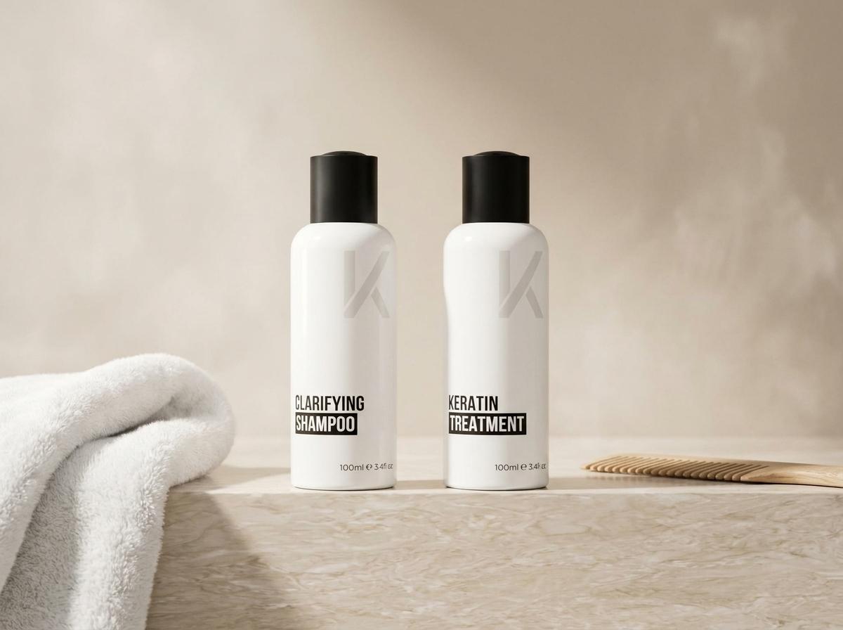 KERAZUL Keratin Treatment Starter-Set auf einer hellen Marmor-Waschtischplatte mit weißem Handtuch und Holzkamm