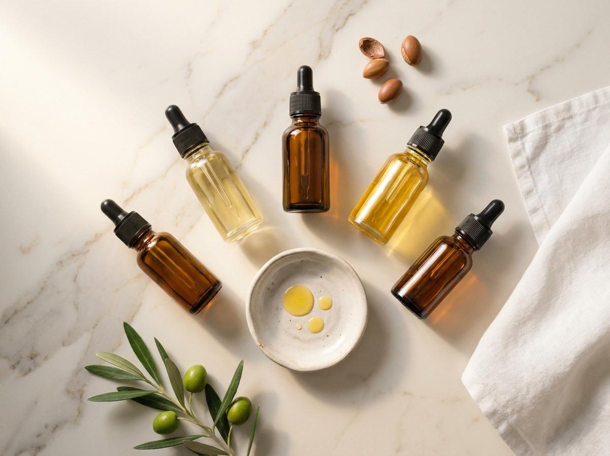 Editorial-Flatlay verschiedener Pflanzenöle in Apothekerflaschen auf Marmor – Argan, Kokos, Jojoba, Avocado, Mandel – mit Olivenzweig