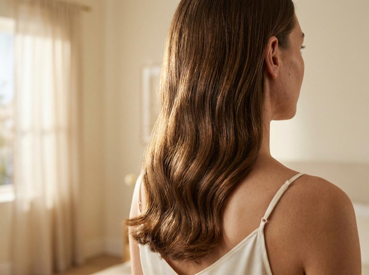 Success-State nach korrekter Conditioner-Routine: hyper-glaenzendes hydratisiertes mittelbraunes Haar mit definierten Straehnen und sichtbarem Mid-Shaft-Glanz
