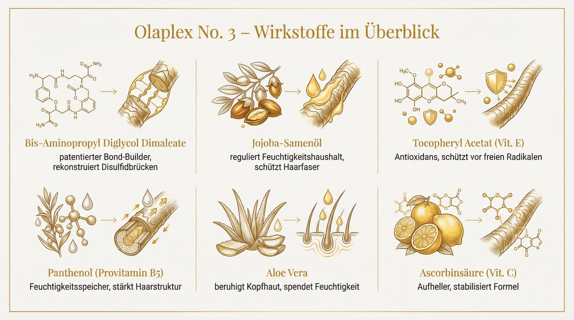 Infografik zu den Wirkstoffen im Olaplex Nº.3: Bond-Repair-Molekül, Vitamin C, Panthenol und Jojoba-Öl