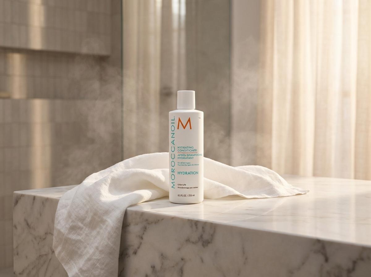 Moroccanoil Hydrating Conditioner auf Marmor-Waschtisch mit weissem Leinentuch