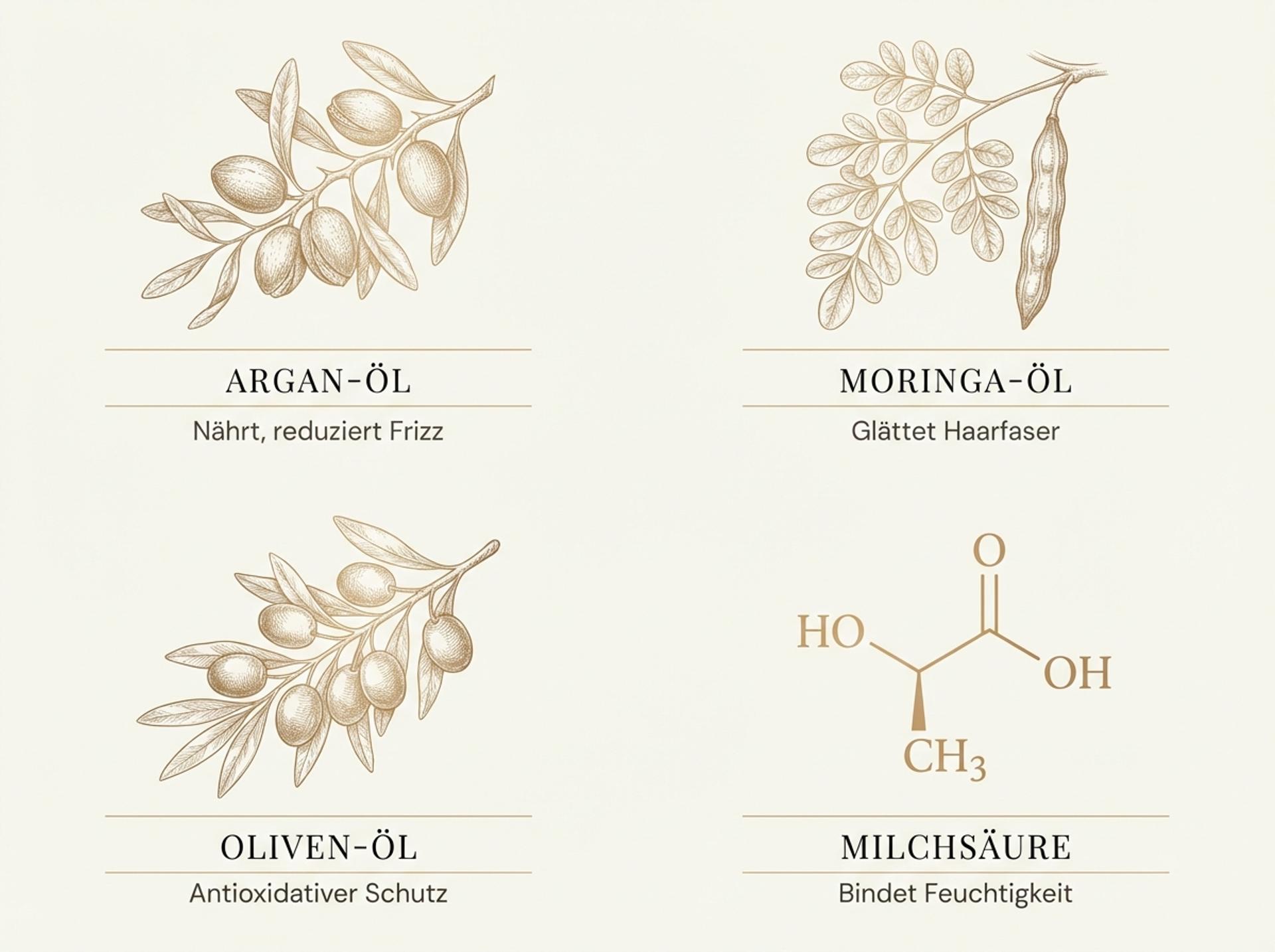 Infografik zu den Wirkstoffen im Maria Nila True Soft Conditioner: Argan-Öl, Moringa-Öl, Oliven-Öl und Milchsäure