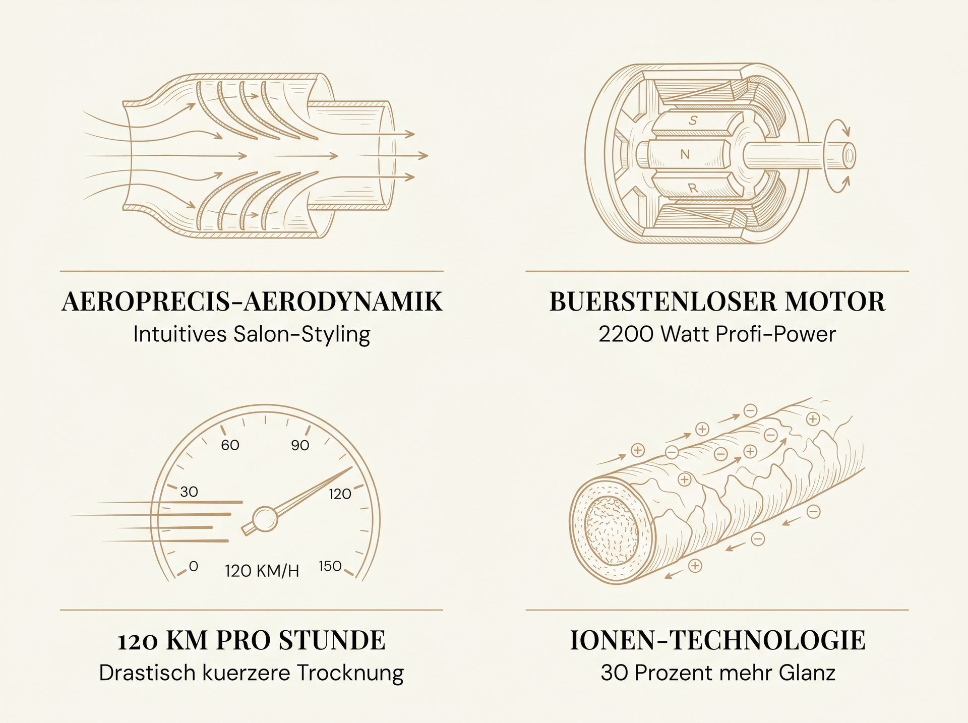 Infografik zur ghd Helios Technik: Aeroprecis-Aerodynamik, bürstenloser Motor 2.200 W, 120 km h Luftstrom, Ionen-Technologie