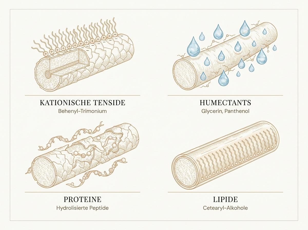 Wissenschaftliche Illustration der vier Conditioner-Wirkstoff-Klassen – kationische Tenside, Humectants, Proteine und Lipide – als 2x2-Grid in warmen Goldtönen