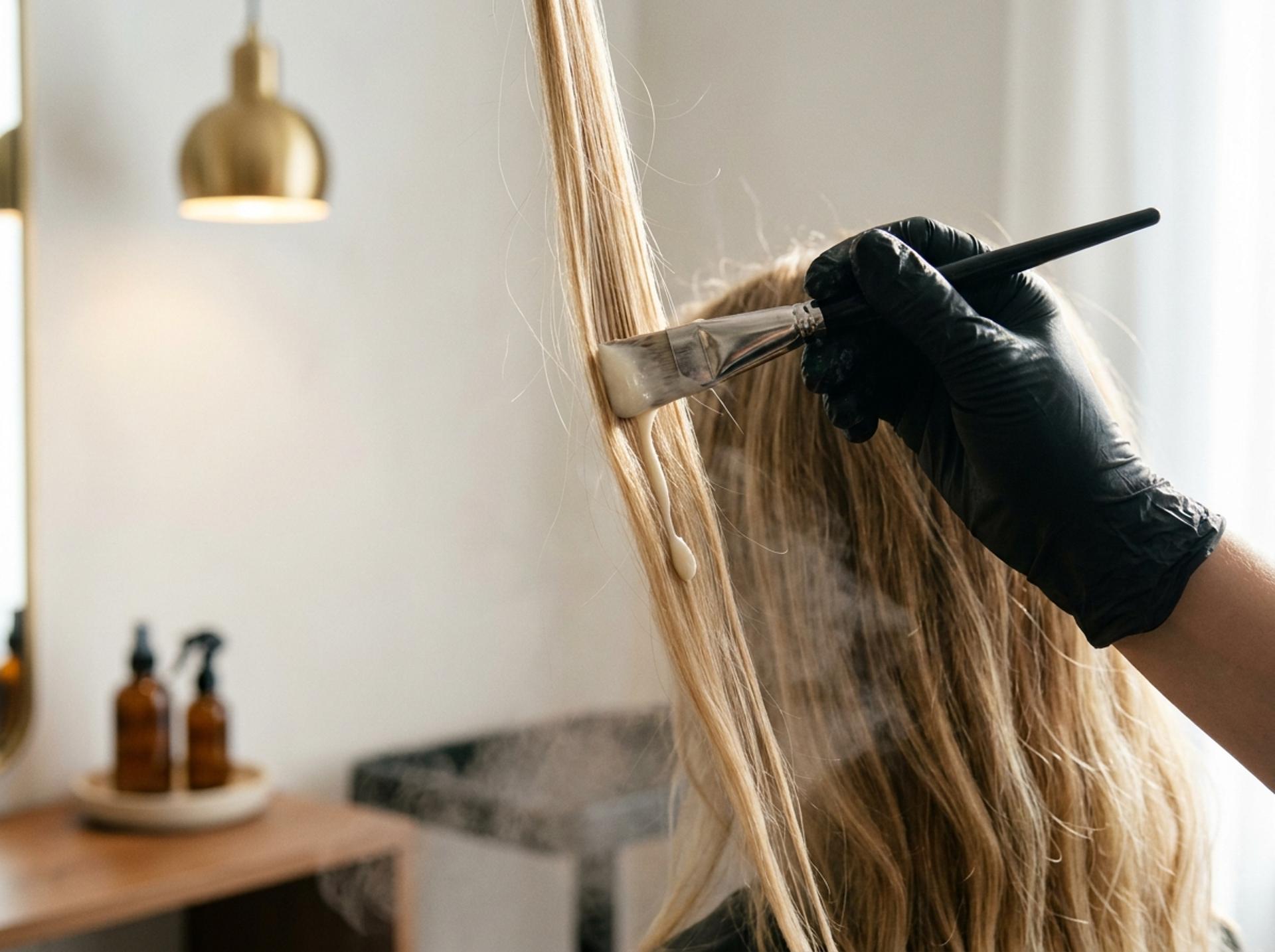 Salon-Anwendung einer Haar-Botox-Behandlung: behandschuhte Hand verteilt cremige weisse Lotion mit Pinsel auf einer abgeteilten blonden Straehne im warmen Salon-Licht