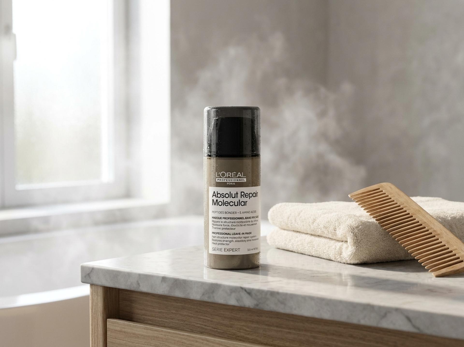 L'Oréal Absolut Repair Molecular Leave-In auf Marmor-Waschtisch mit weissem Handtuch und Holzkamm