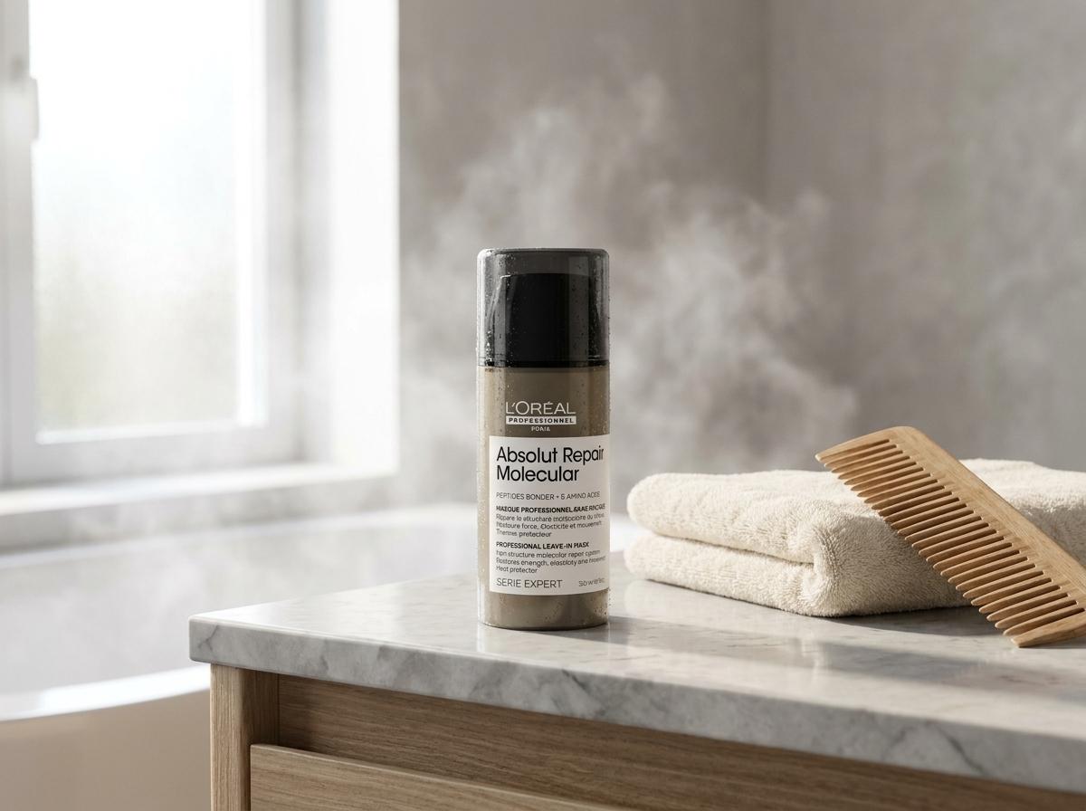 L'Oréal Absolut Repair Molecular Leave-In auf Marmor-Waschtisch mit weissem Handtuch und Holzkamm