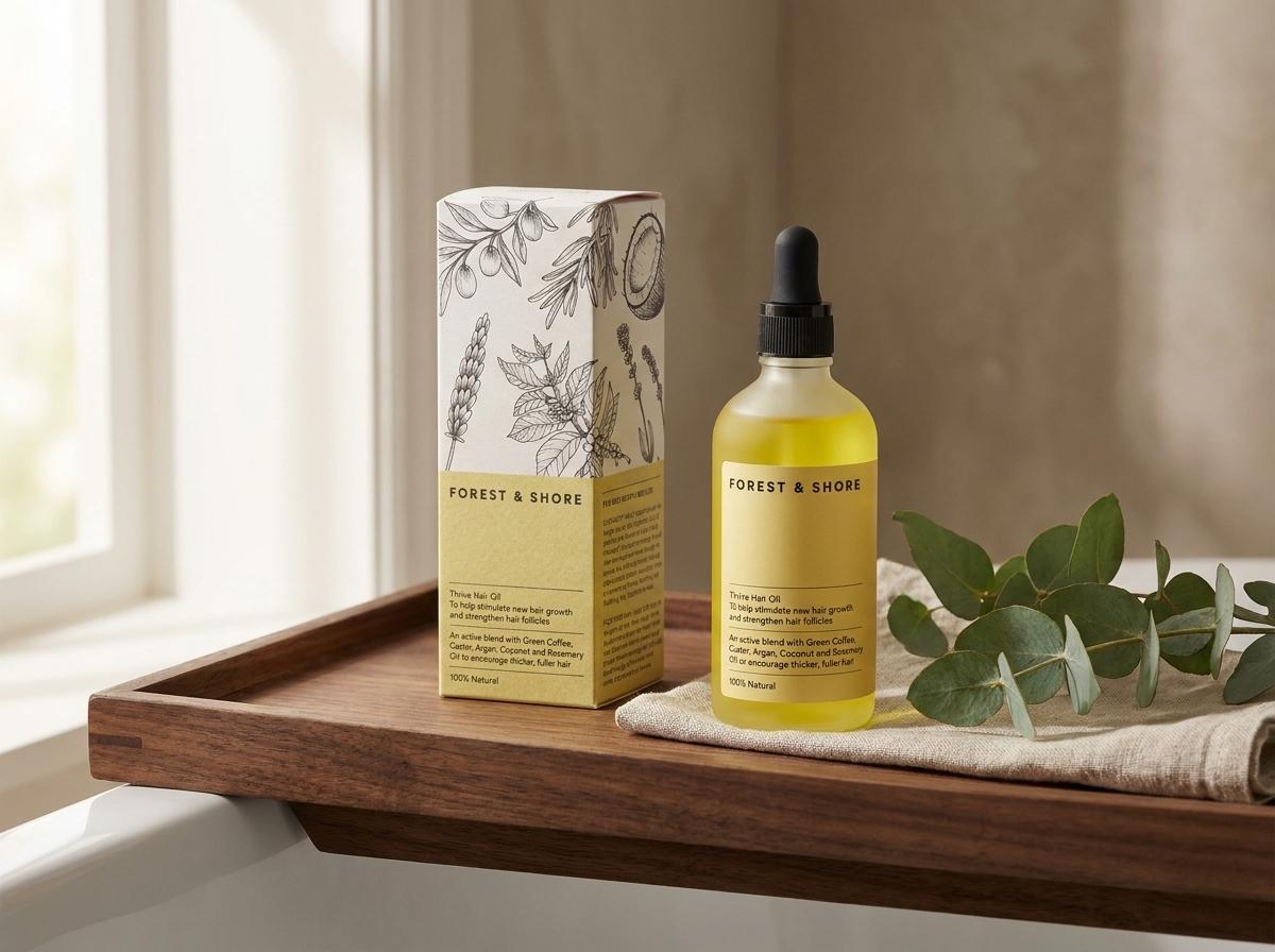 Forest & Shore Thrive Hair Oil auf einem dunklen Walnussholz-Tablett mit frischem Eukalyptuszweig