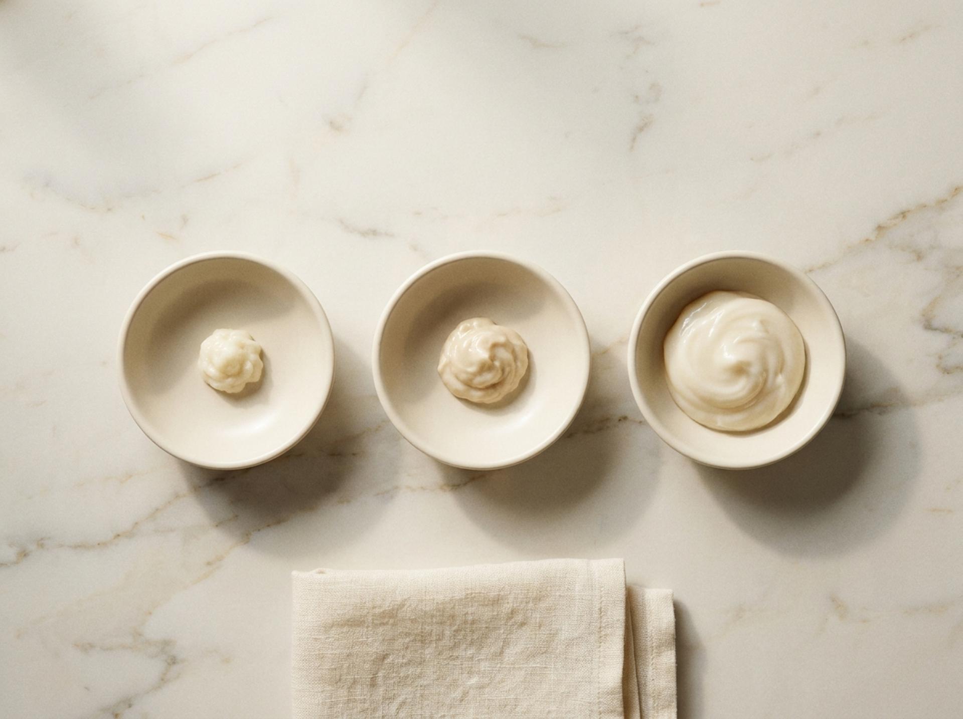 Editorial Still-Life: drei pale Keramik-Schälchen auf Marmor mit jeweils erbsengroßer, walnussgroßer und ei-großer Portion cremig-weißer Conditioner – Mengen-Visualisierung pro Haarlänge