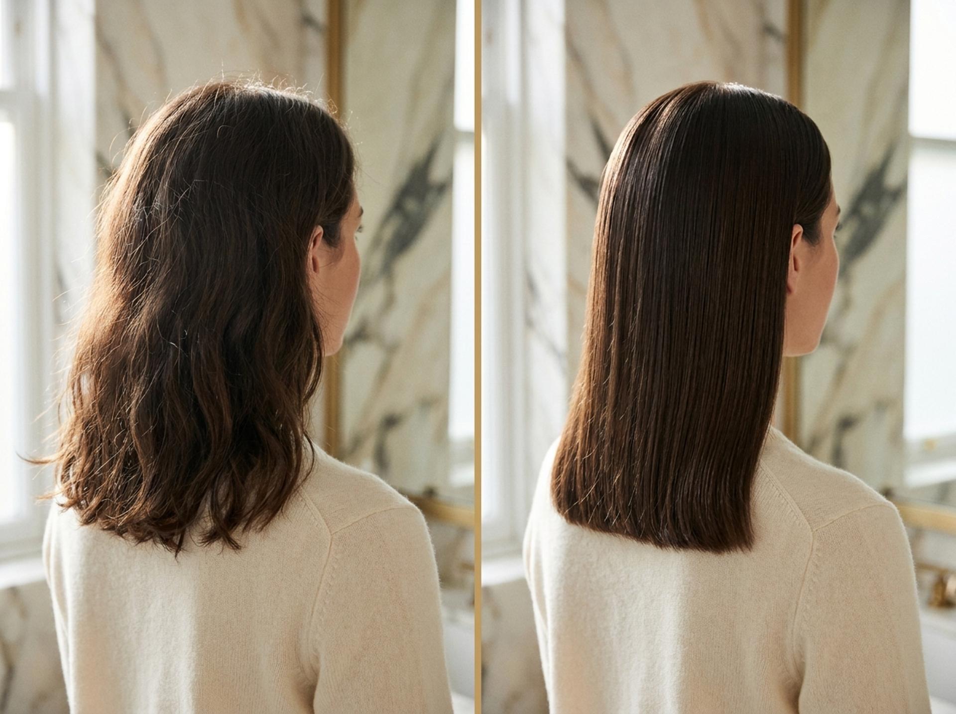 Result-Shot nach KERAZUL-Heim-Behandlung: glasglatte, hyper-glaenzende dunkelbraune Maehne in Front-Profile-Pose, hyper-gerade-fliessend ohne Wellen – warmer Premium-Bad-Hintergrund