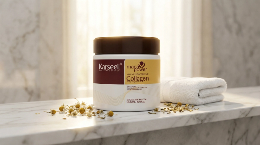 Karseell Collagen Hair Mask auf elegantem Badezimmer-Regal