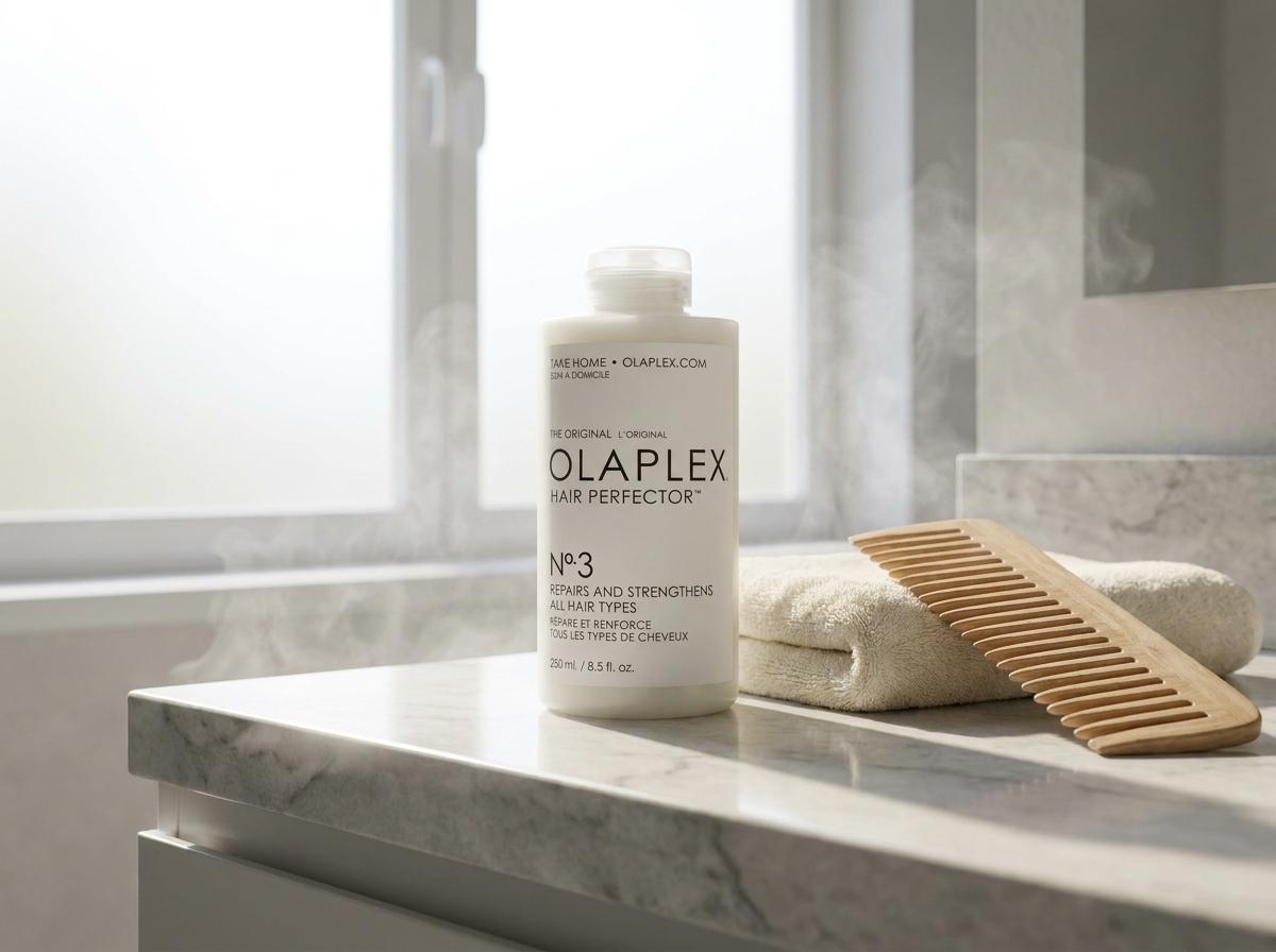 Olaplex Nº.3 Hair Perfector auf hellem Marmor-Waschtisch mit weissem Handtuch und Kamm