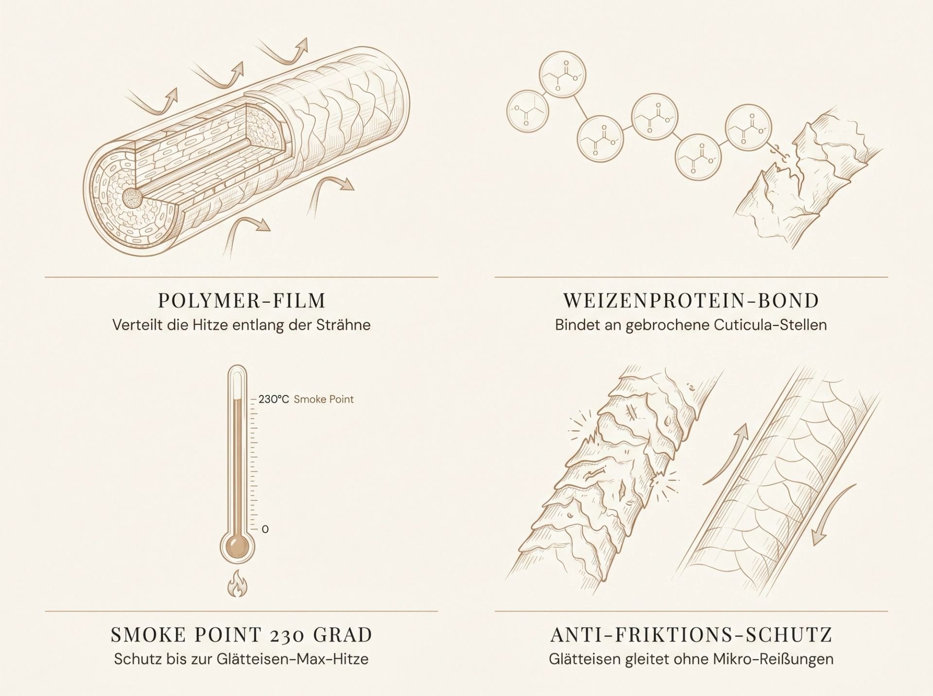 Scientific-Luxury-Infografik: 4 zentrale Wirkmechanismen des ghd Bodyguard – Polymer-Film auf der Cuticula, Weizenprotein-Bond-Kette, Thermometer mit Smoke Point 230 Grad, Anti-Friktions-Vergleich glatt vs. rau – in HaarLuxus-Sepia auf ivory