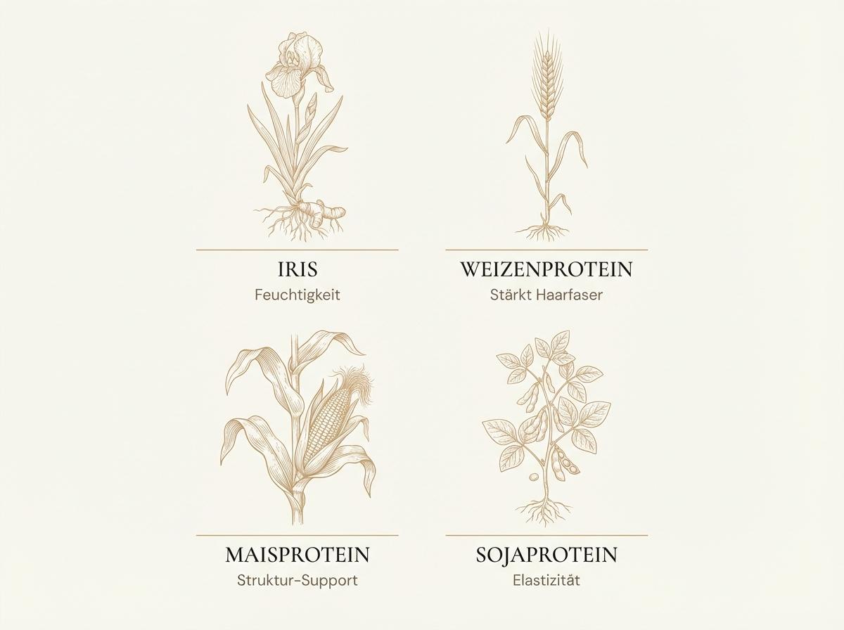 Infografik zu den Wirkstoffen im Kérastase Nutritive Lait Vital: Iris, Weizenprotein, Maisprotein und Sojaprotein