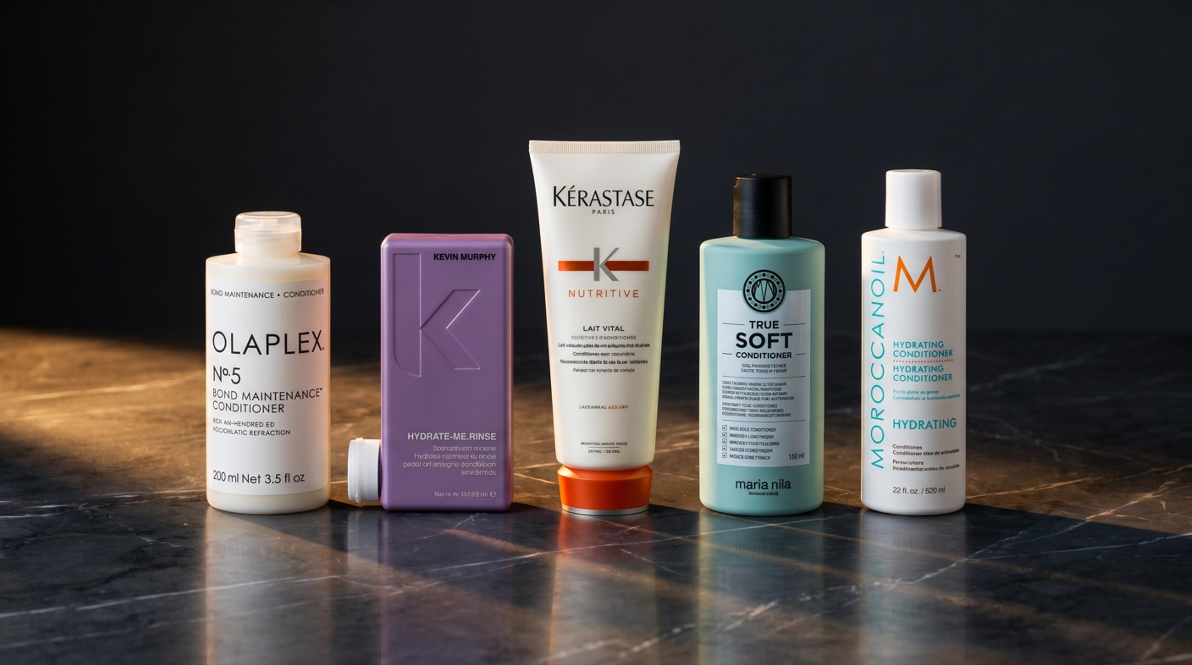 Die fünf besten Feuchtigkeits-Conditioner 2026 stehend auf dunklem Marmor in warmem Seitenlicht – Premium-Editorial-Vergleichs-Hero HaarLuxus