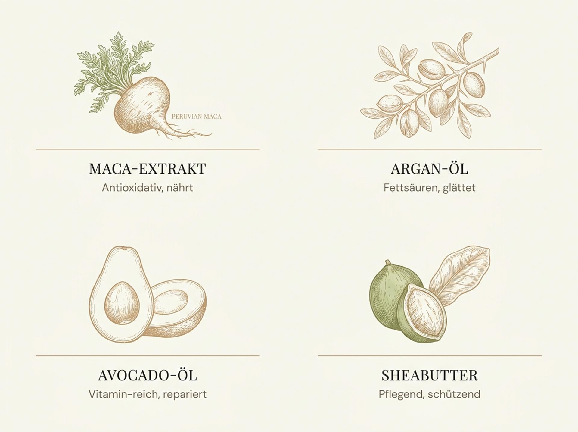 Infografik zu den Wirkstoffen im Karseell Maca Essence Oil: Maca-Extrakt, Argan-Öl, Avocado-Öl und Sheabutter