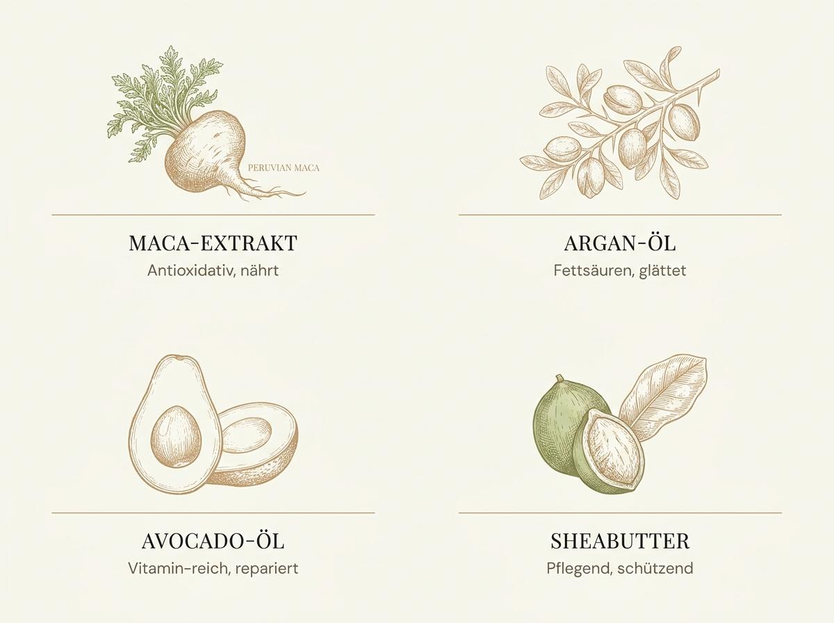 Infografik zu den Wirkstoffen im Karseell Maca Essence Oil: Maca-Extrakt, Argan-Öl, Avocado-Öl und Sheabutter