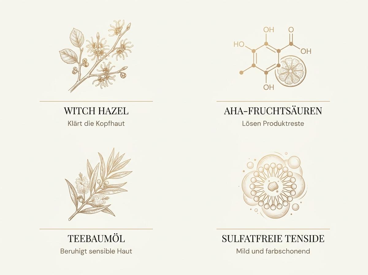 Infografik der vier Wirksäulen des MAXI WASH: Witch Hazel, Sodium Glycolate AHA, Tea Tree Oil und sulfatfreie Tenside