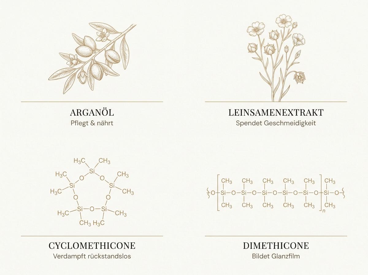 Infografik zu den Wirkstoffen der Moroccanoil Behandlung: Arganöl, Leinsamenextrakt, Cyclomethicone und Dimethicone
