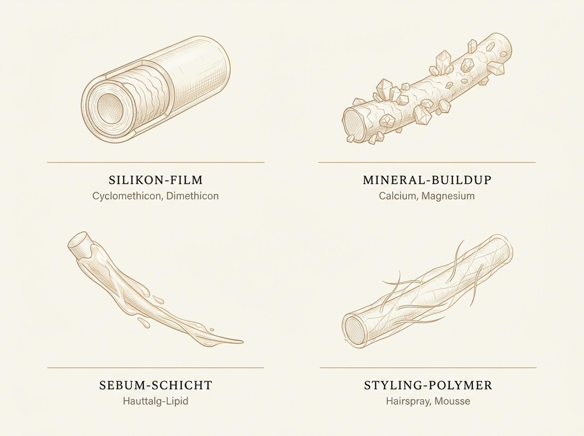 Wissenschaftliche Illustration der vier Build-up-Quellen am Haar – Silikon-Film, Mineral-Ablagerung, Sebum-Schicht und Styling-Polymere – als 2x2-Grid in warmen Goldtönen