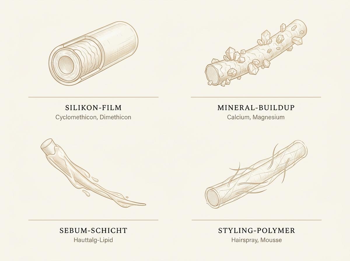 Wissenschaftliche Illustration der vier Build-up-Quellen am Haar – Silikon-Film, Mineral-Ablagerung, Sebum-Schicht und Styling-Polymere – als 2x2-Grid in warmen Goldtönen