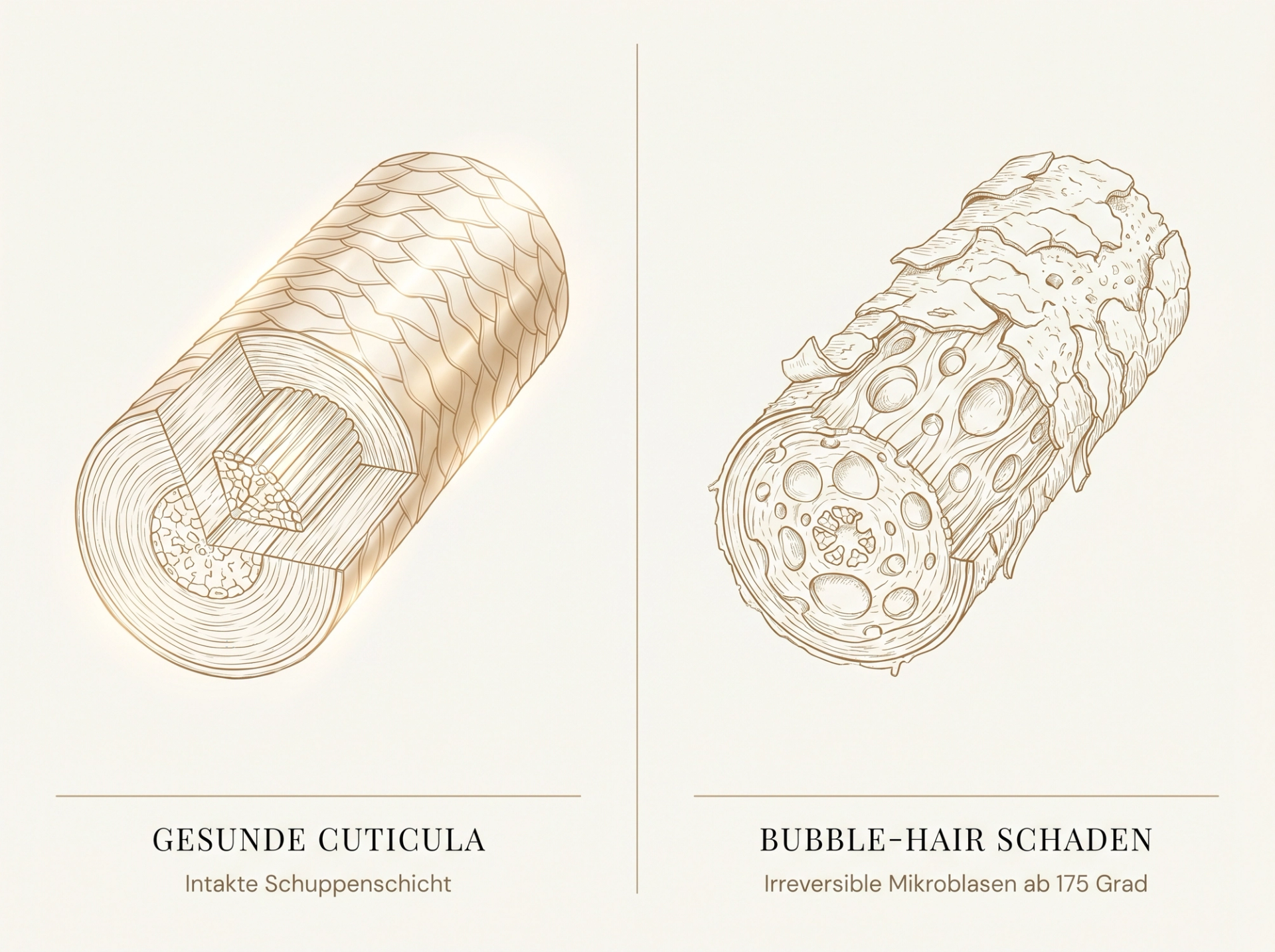 Editorial Cross-Section-Vergleich: links eine gesunde glasglatte brunette Strähne mit intakter glänzender Cuticula, rechts eine geschädigte Strähne mit sichtbaren Bubble-Hair-Mikroblasen und aufgerauter Faser — Studio-Hintergrund in warmer Creme