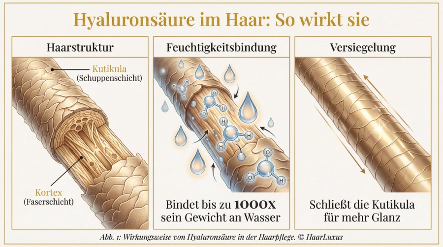 Infografik: Wirkungsweise von Hyaluronsäure in der Haarpflege – Haarstruktur, Feuchtigkeitsbindung und Versiegelung. © HaarLuxus