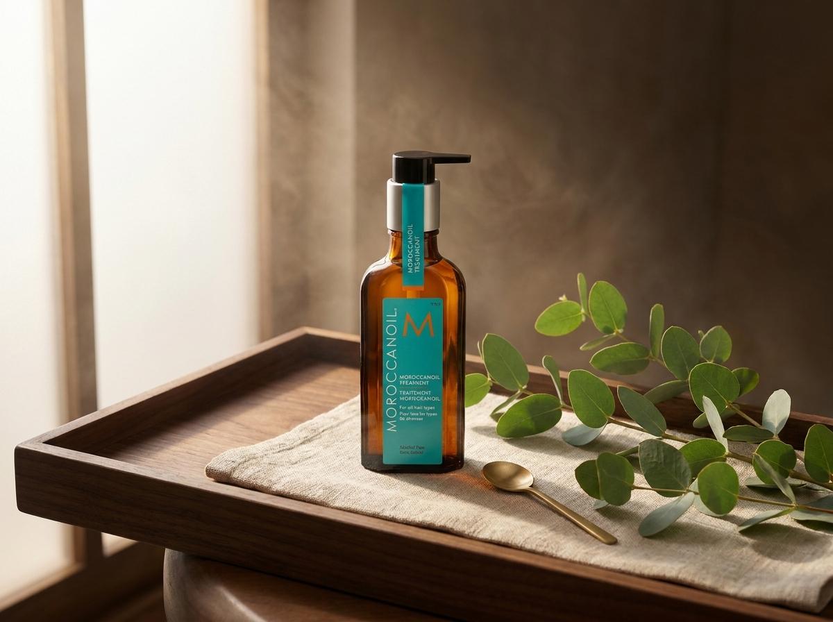 Moroccanoil Treatment Original auf Holztablett mit frischen Eukalyptuszweigen in weichem Morgenlicht