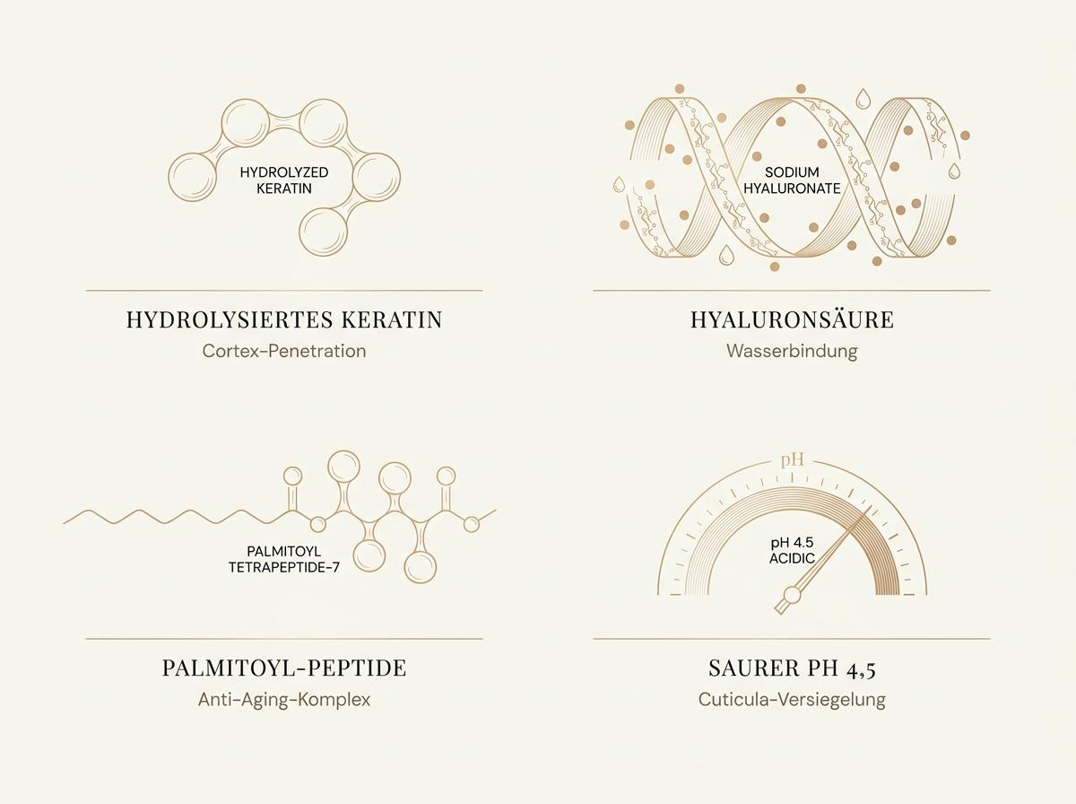 Infografik der Fanola Botolife Wirkstoffe: Hydrolysiertes Keratin, Hyaluronsäure, Palmitoyl-Peptide und saurer pH 4,5