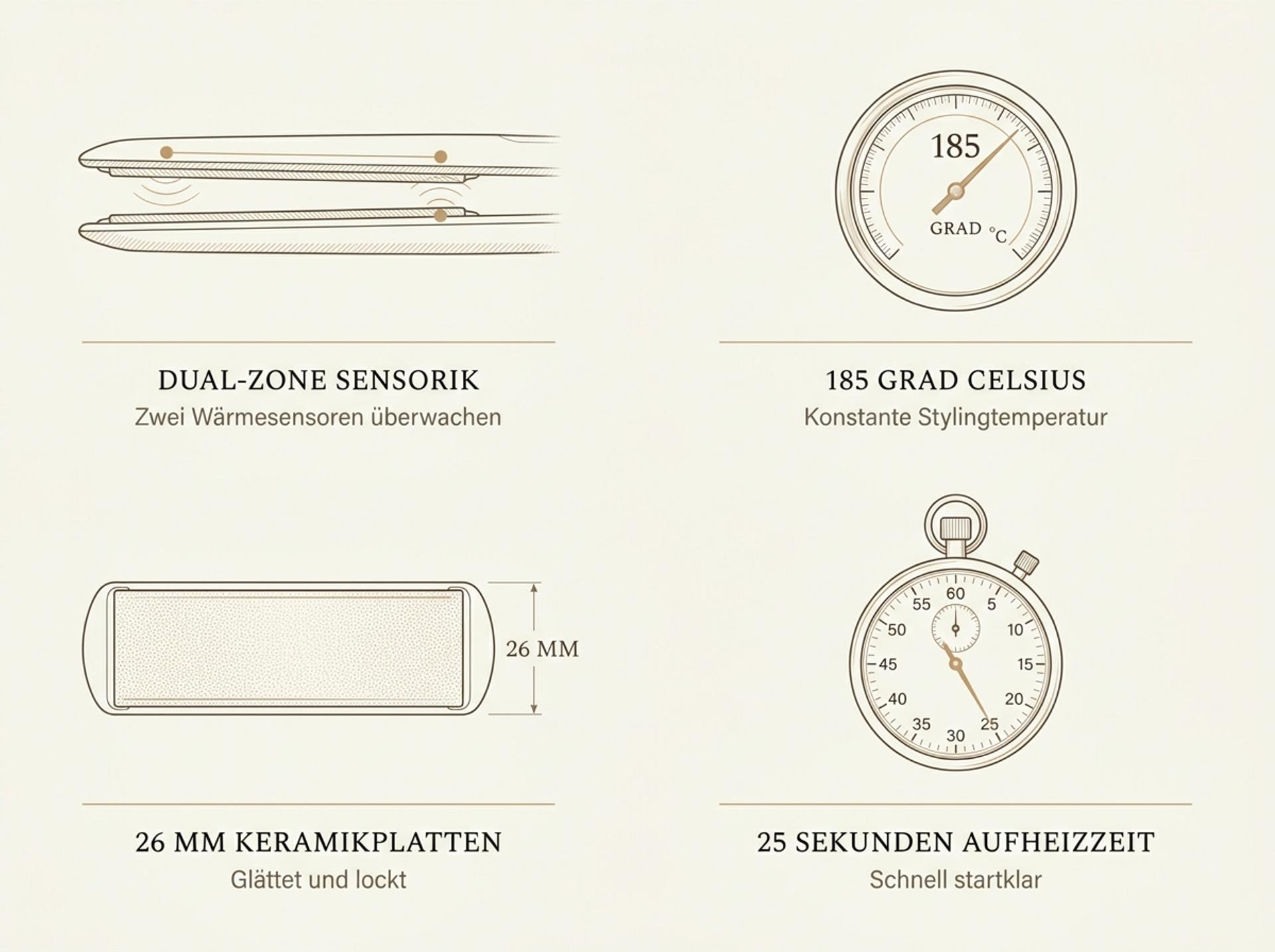 Infografik zur Dual-Zone-Technologie des ghd Gold Stylers: zwei Wärmesensoren, 185 °C Plattentemperatur, 26 mm Keramikplatten, 25 Sekunden Aufheizzeit