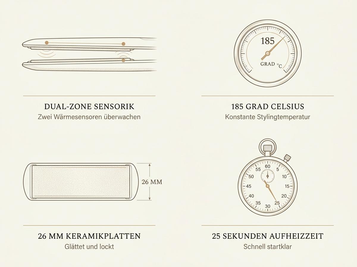 Infografik zur Dual-Zone-Technologie des ghd Gold Stylers: zwei Wärmesensoren, 185 °C Plattentemperatur, 26 mm Keramikplatten, 25 Sekunden Aufheizzeit