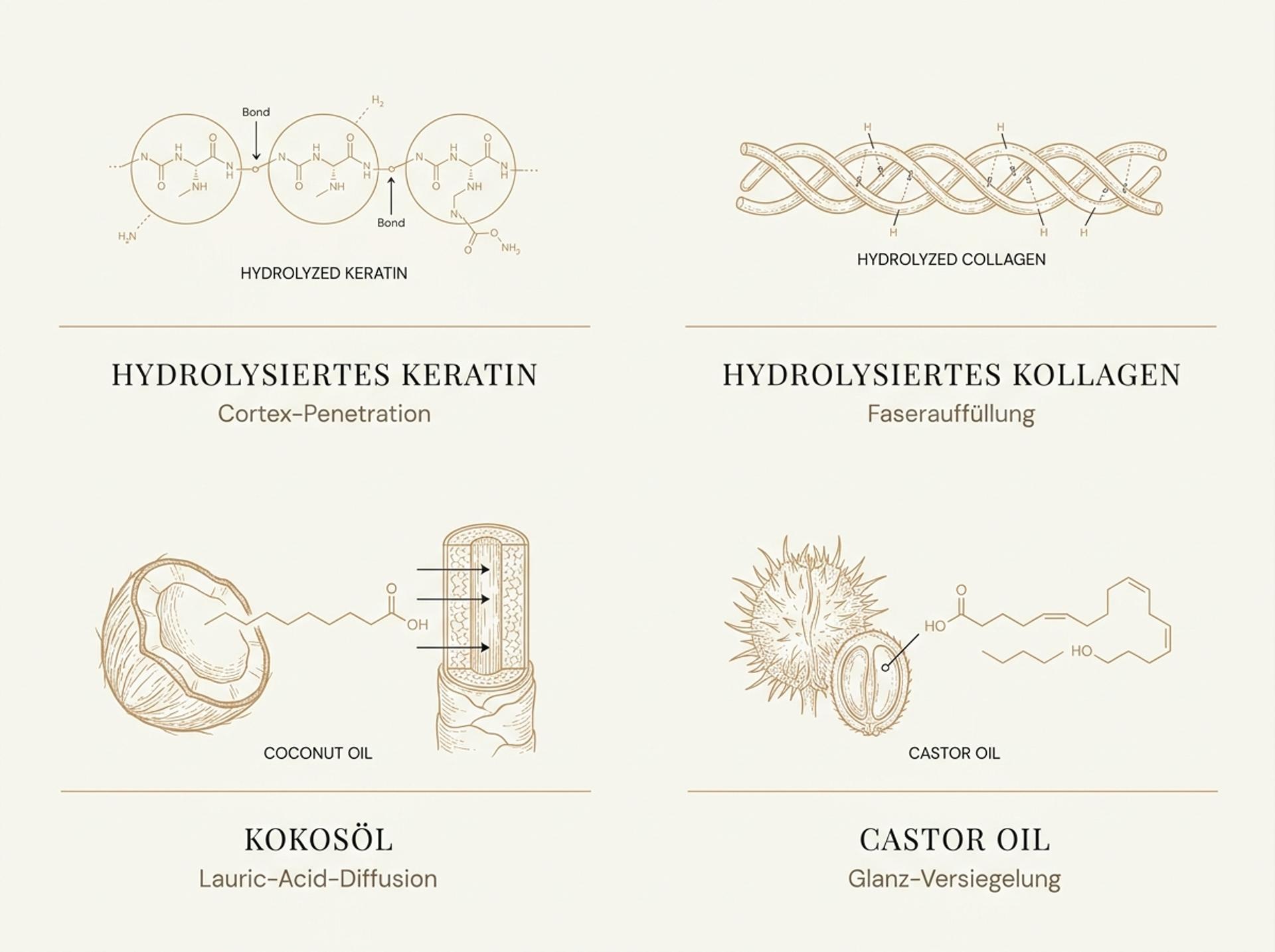 Infografik der Vitamins Keratin Hair Mask Wirkstoffe: Hydrolysiertes Keratin, Kollagen, Kokosöl und Castor Oil