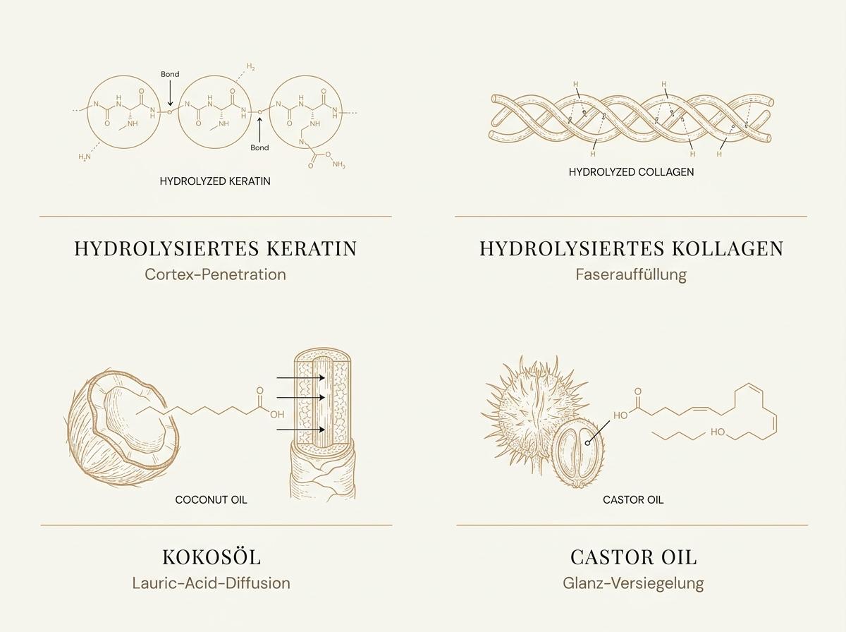 Infografik der Vitamins Keratin Hair Mask Wirkstoffe: Hydrolysiertes Keratin, Kollagen, Kokosöl und Castor Oil