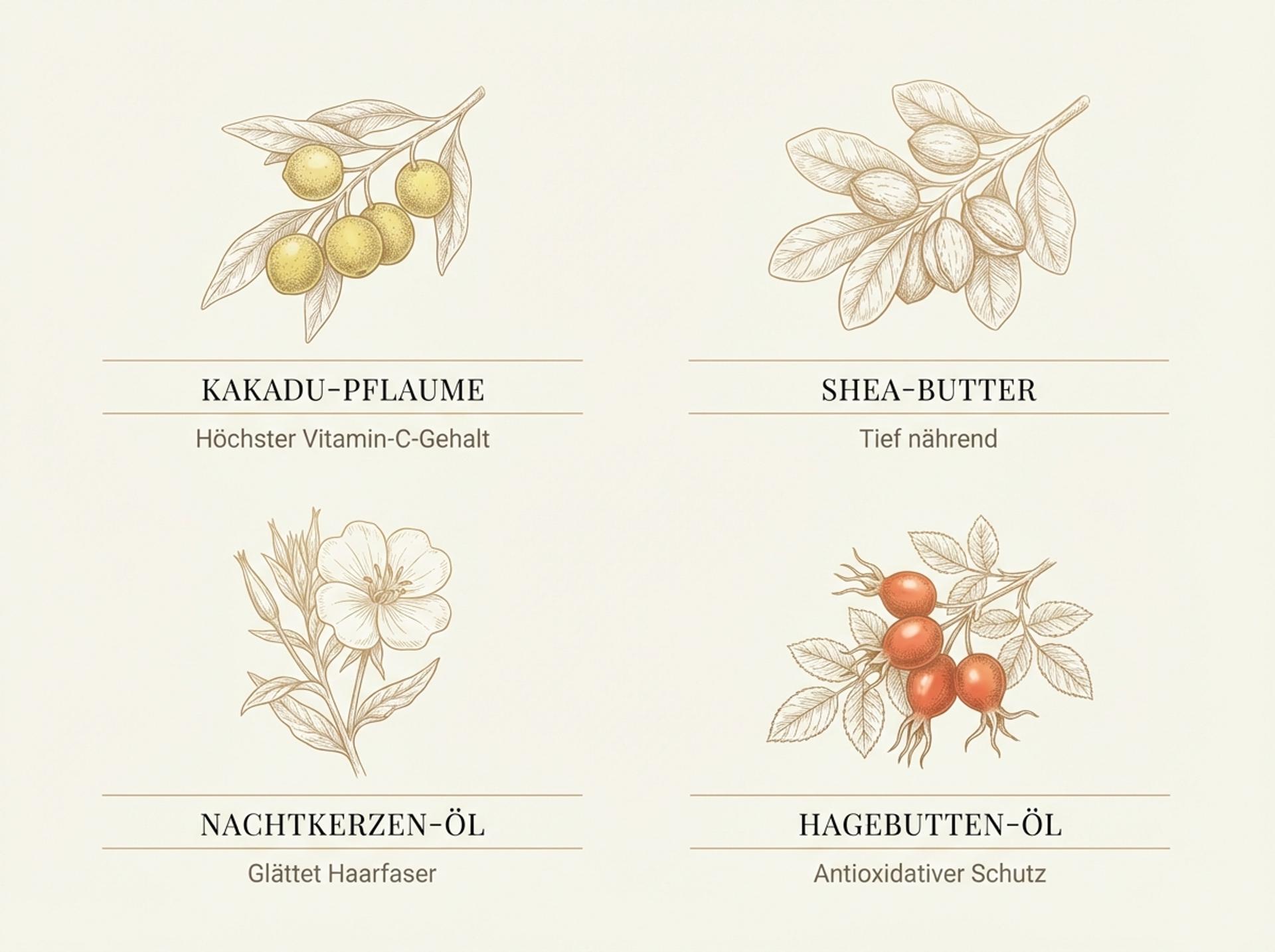 Infografik zu den Wirkstoffen im Kevin Murphy HYDRATE-ME.RINSE: Kakadu-Pflaume, Shea-Butter, Nachtkerzen-Öl und Hagebutten-Öl