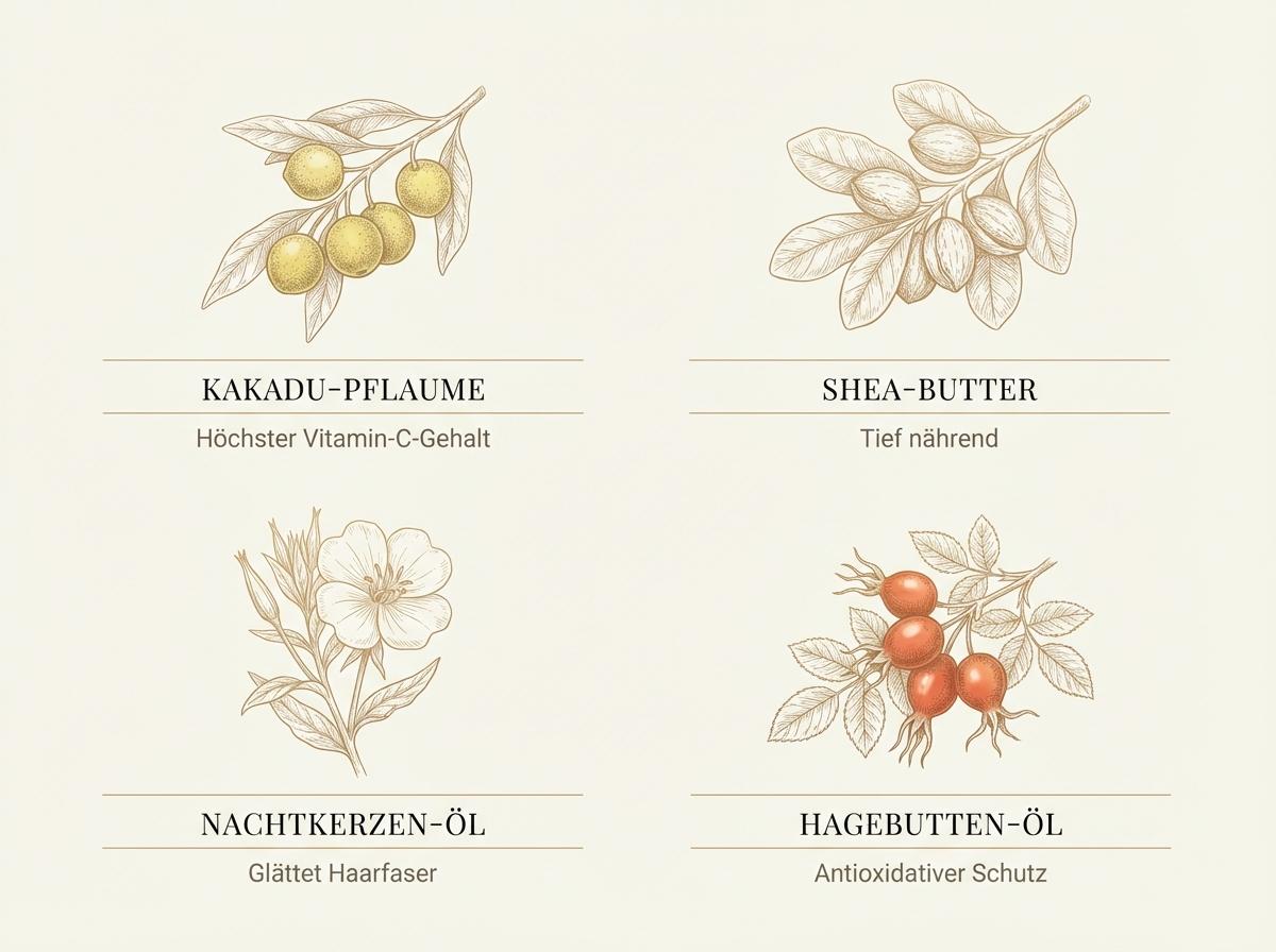 Infografik zu den Wirkstoffen im Kevin Murphy HYDRATE-ME.RINSE: Kakadu-Pflaume, Shea-Butter, Nachtkerzen-Öl und Hagebutten-Öl