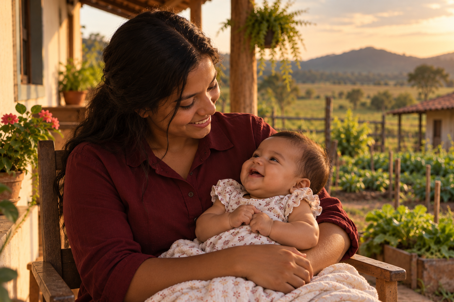 Mãe segura seu bebê no colo enquanto os duas trocam olhares e sorrisos na varanda de uma casa rural, com plantações e paisagem do campo ao fundo.