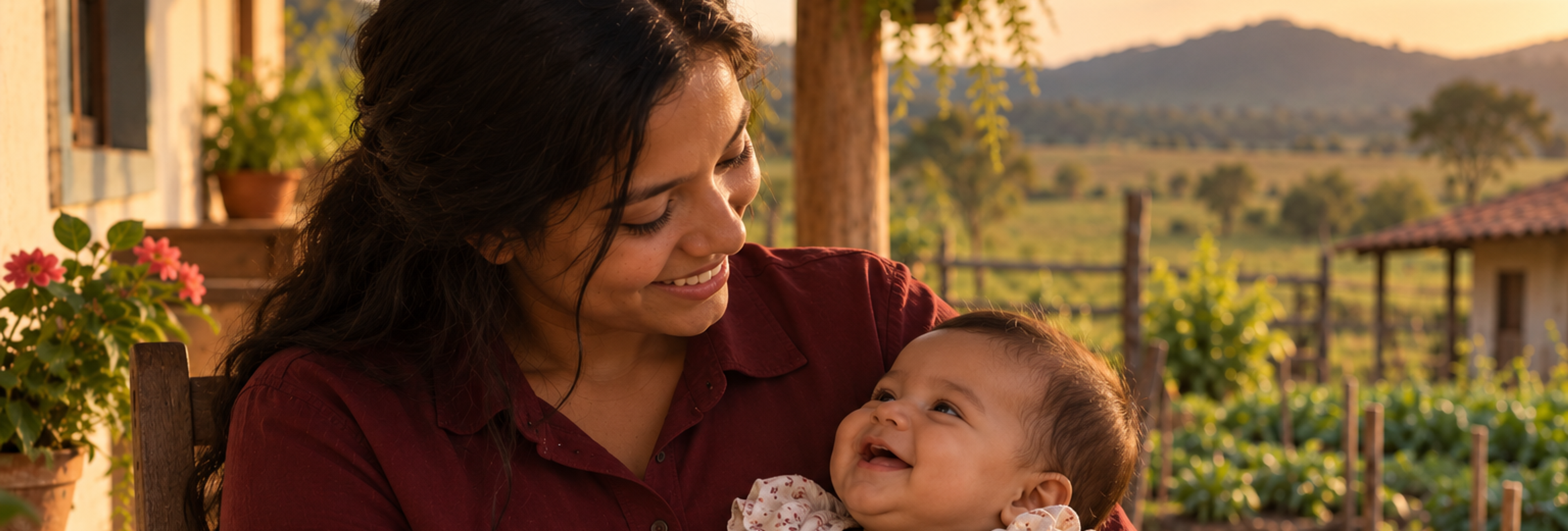Mãe segura seu bebê no colo enquanto os duas trocam olhares e sorrisos na varanda de uma casa rural, com plantações e paisagem do campo ao fundo.