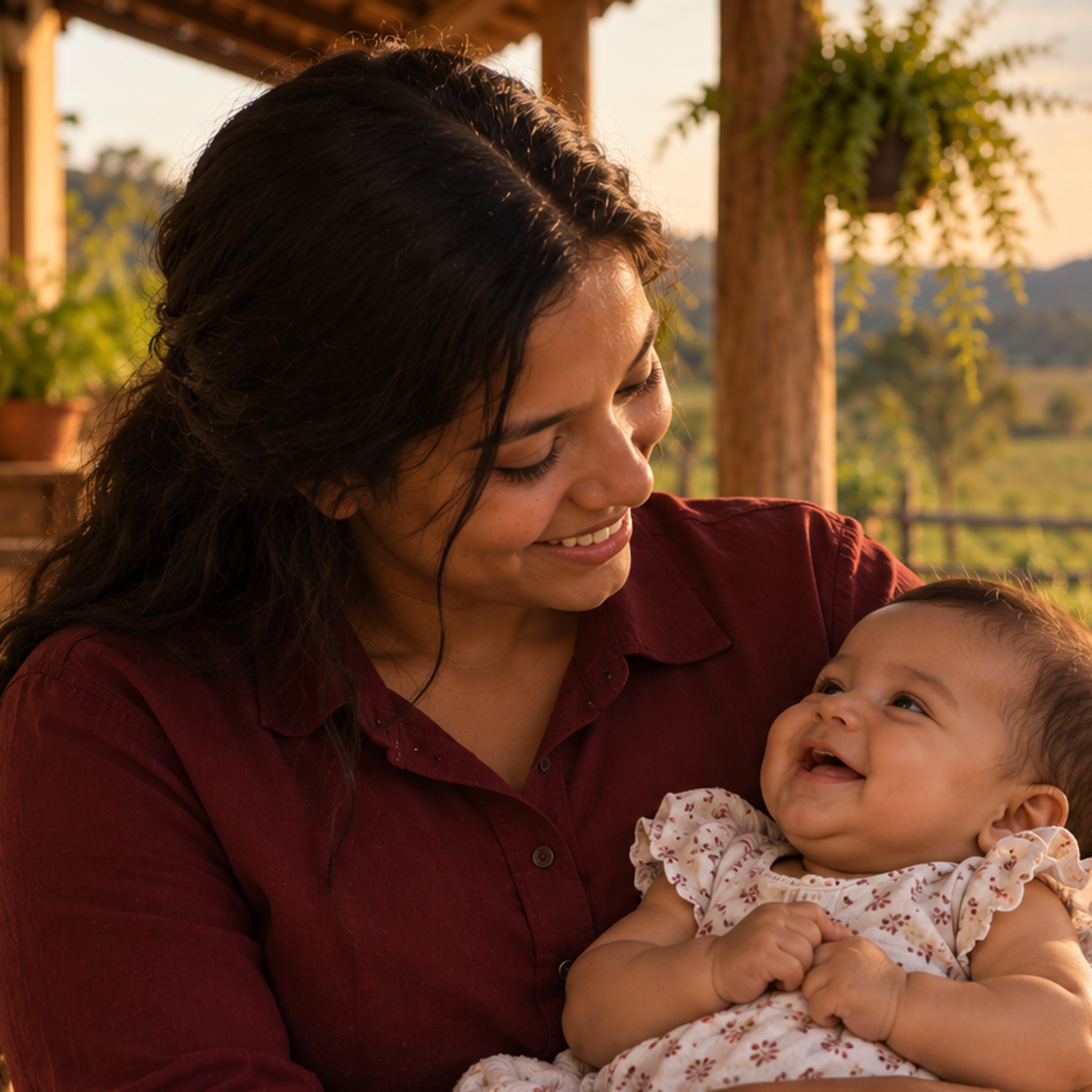Mãe segura seu bebê no colo enquanto os duas trocam olhares e sorrisos na varanda de uma casa rural, com plantações e paisagem do campo ao fundo.