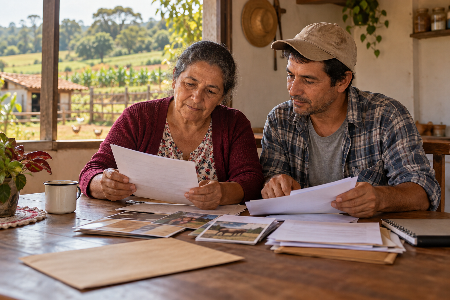 Uma mulher e um homem organizam documentos e fotografias sobre uma mesa de madeira em uma casa na fazenda, com uma plantação e um quintal ao fundo.