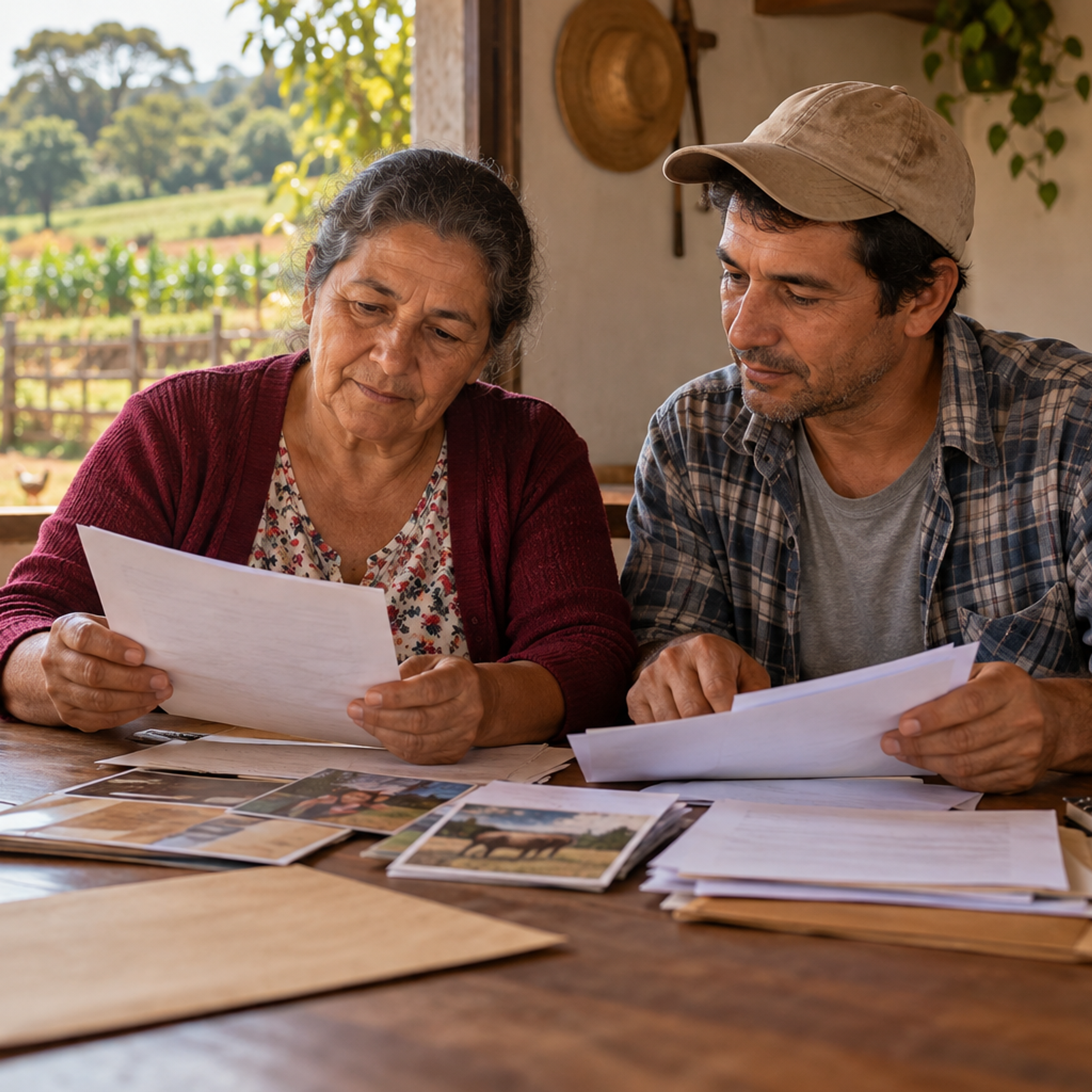 Uma mulher e um homem organizam documentos e fotografias sobre uma mesa de madeira em uma casa na fazenda, com uma plantação e um quintal ao fundo.