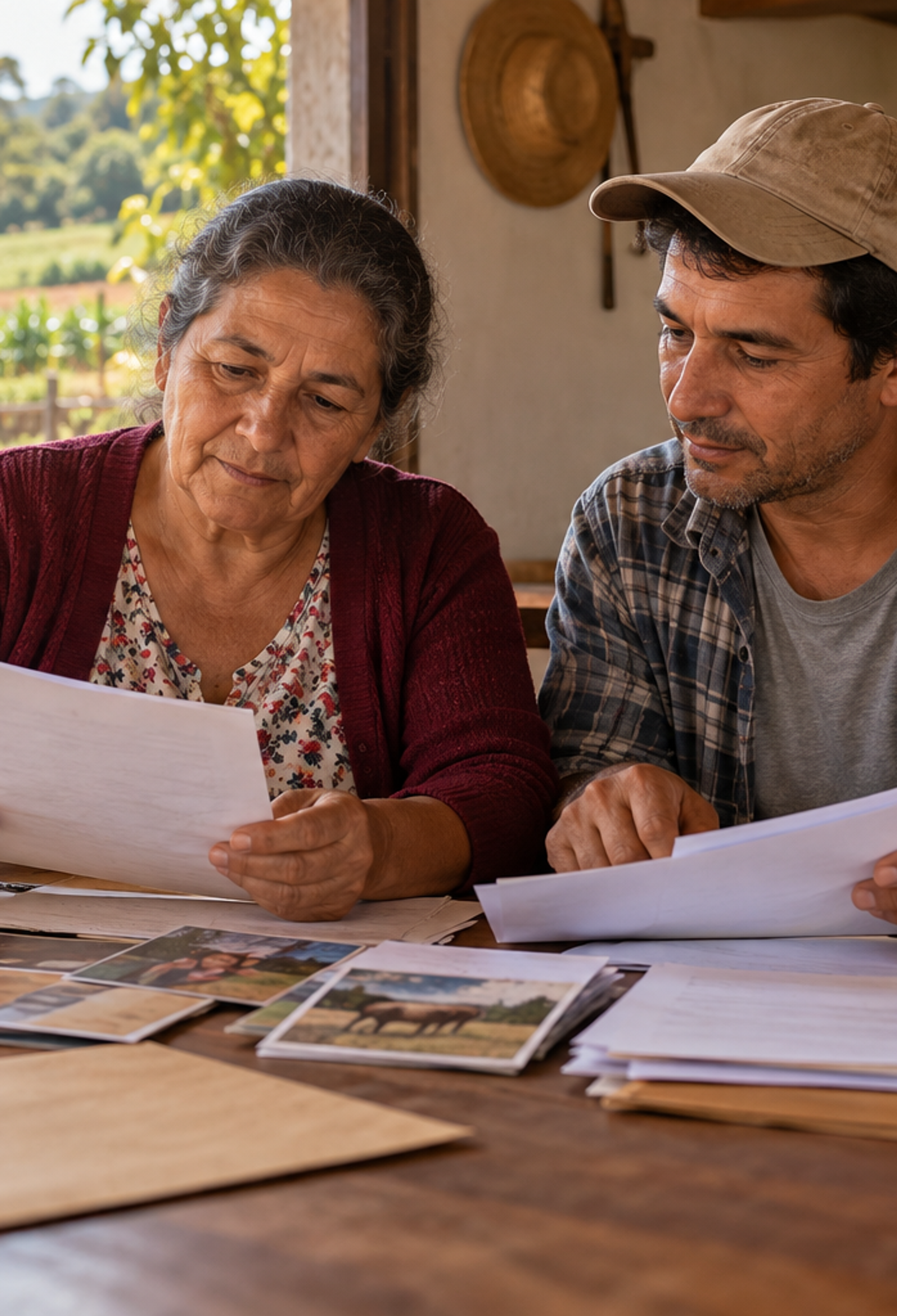Uma mulher e um homem organizam documentos e fotografias sobre uma mesa de madeira em uma casa na fazenda, com uma plantação e um quintal ao fundo.